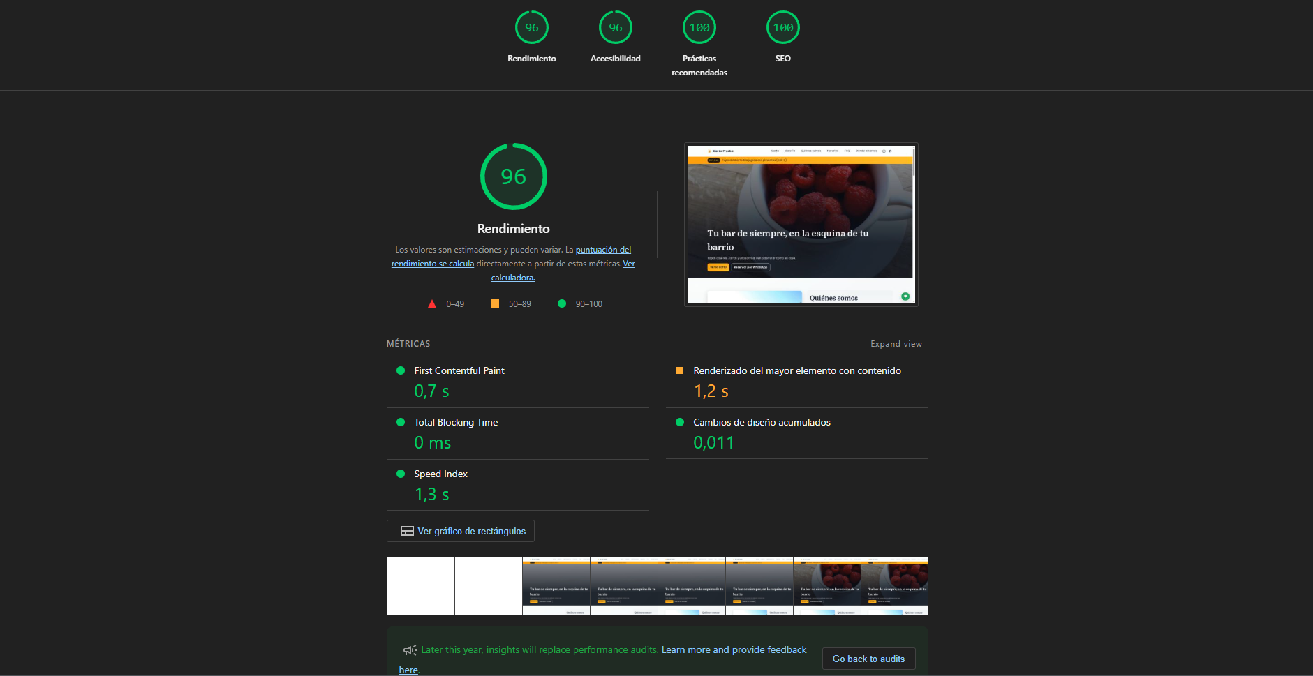 Captura de auditoría SEO mostrando puntuación superior a 96
